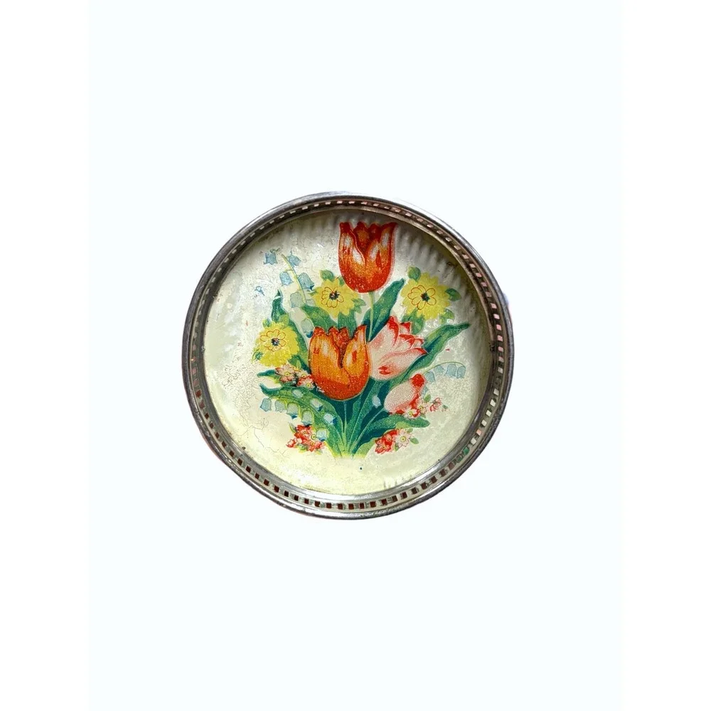 Antique Floral Tulip Coasters Set of 5 Silver Metal Rim Vintage Drinkware 3in